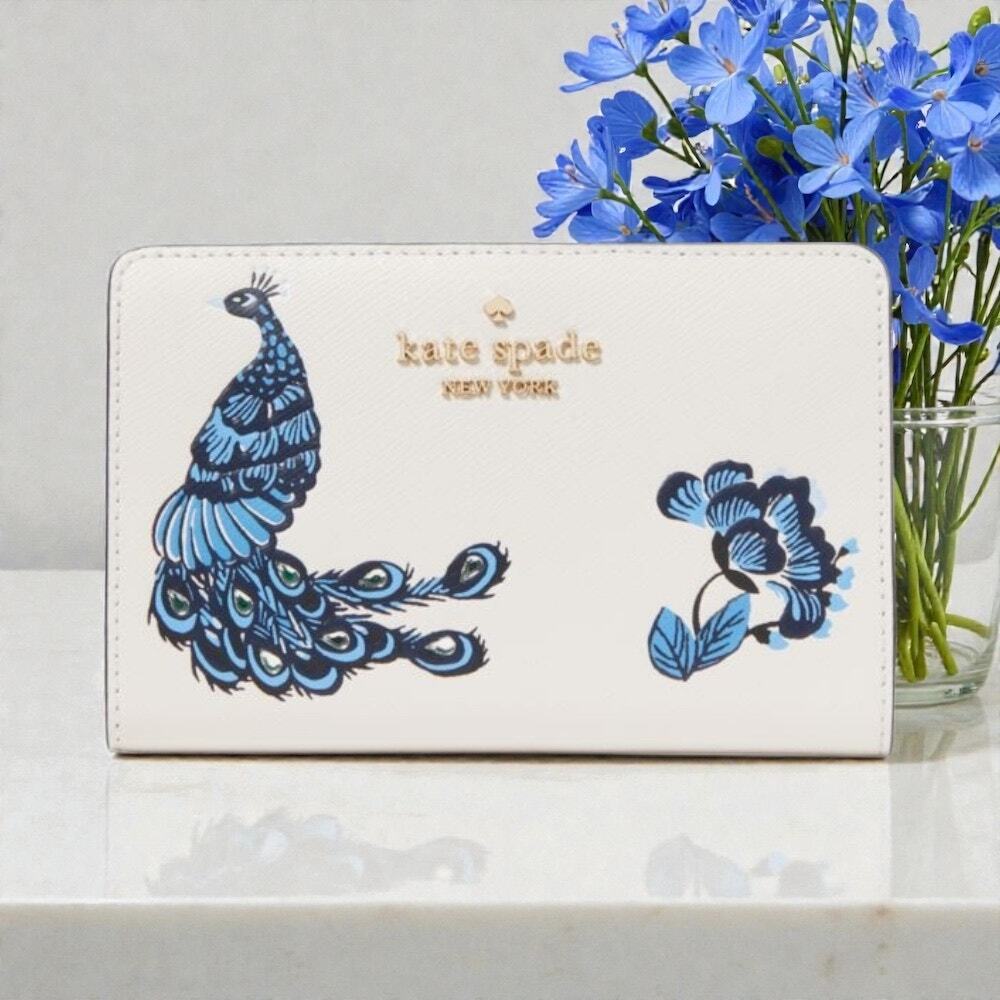 Kate Spade Perfect Plume Medium Peacock Leather Wallet White & Blue KH797